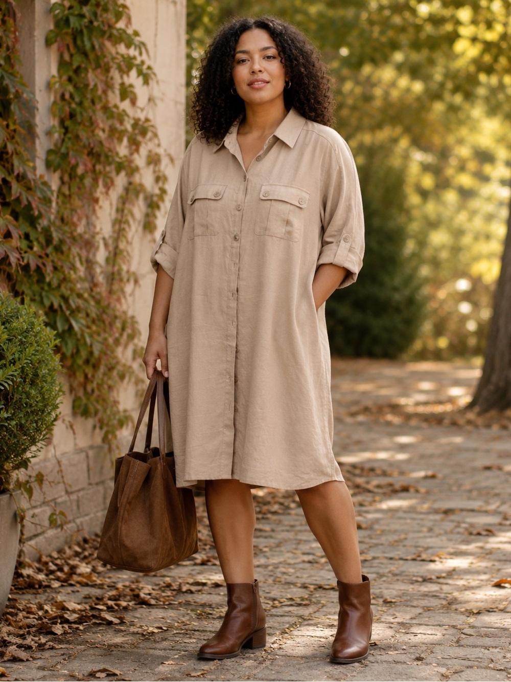 Soft Surroundings XL Khaki Shirt Dress Neutral Business Casual Safari Midi Eco